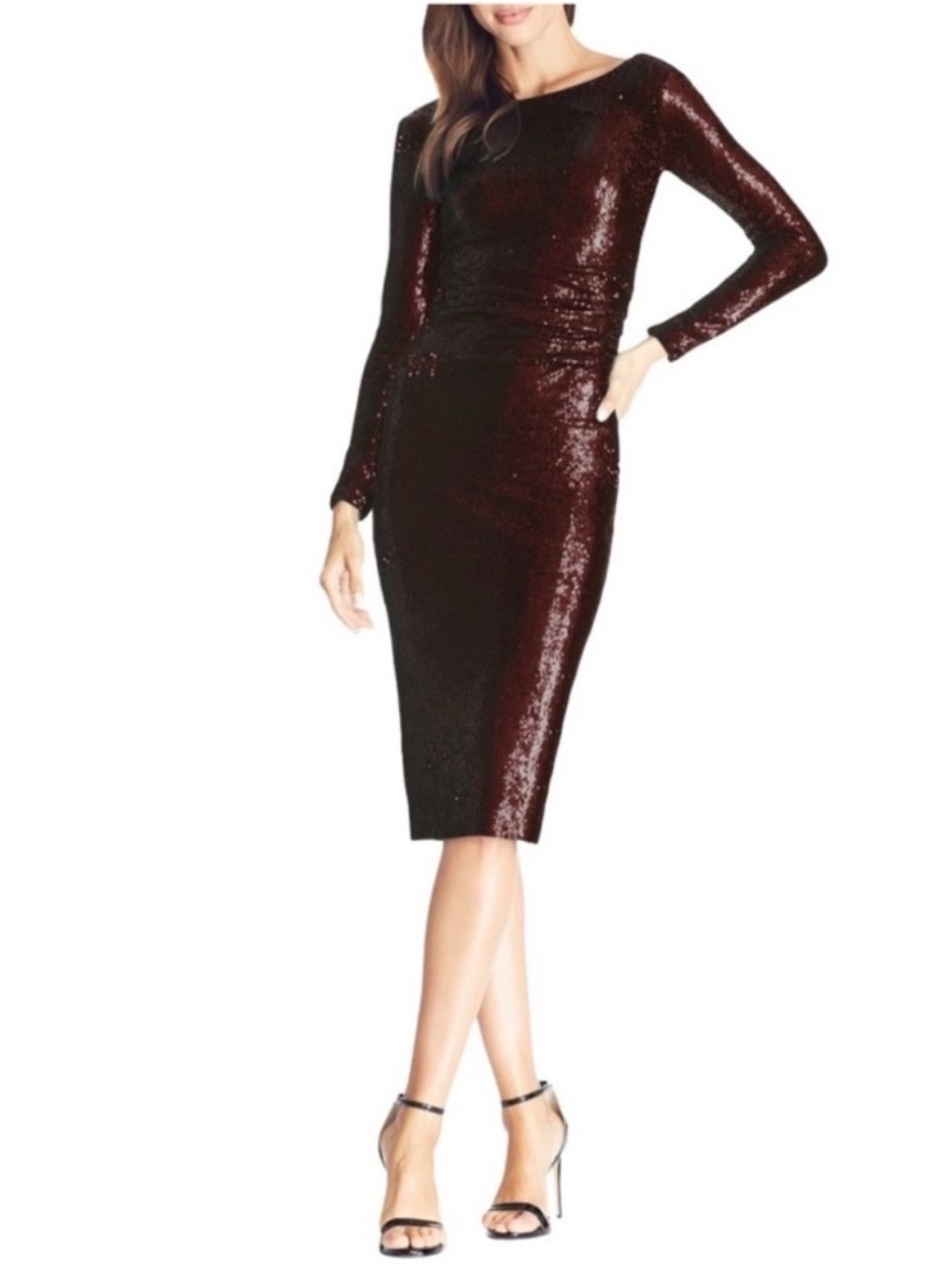 Dress The Population Emilia Burgundy Sequin Long-Sleeve Midi Dress size Small